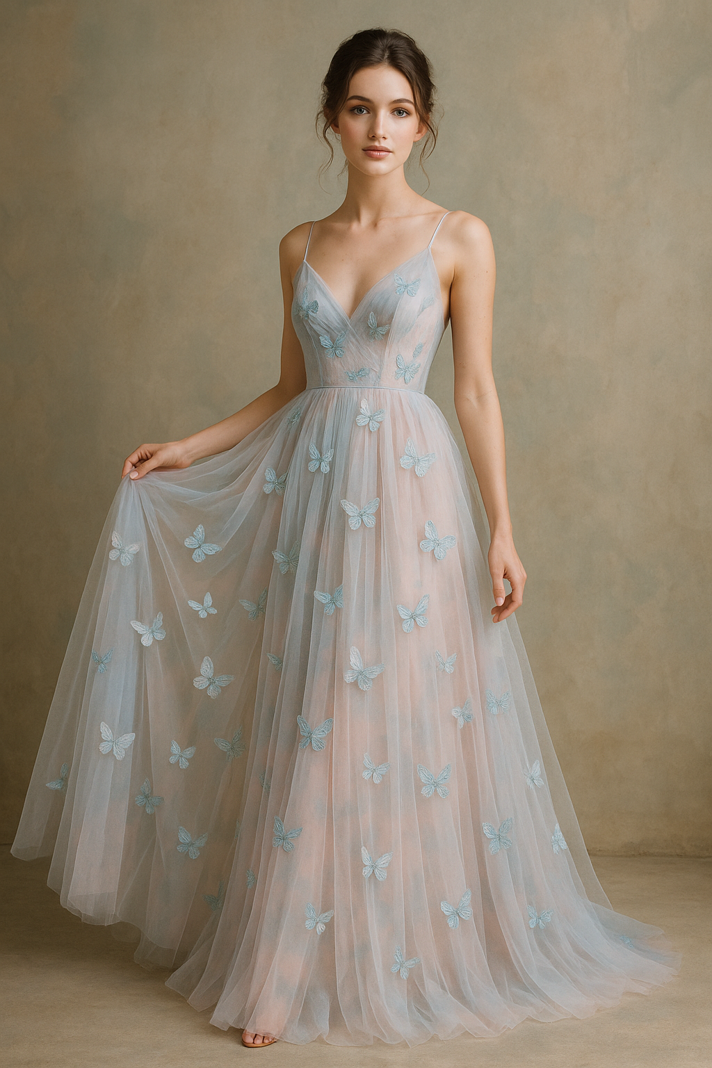 Woman in butterfly embroidered maxi dress